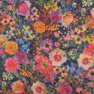 Tkanina szyfon wzór kwiaty kolor różowo pomarańczowy TextileClub 