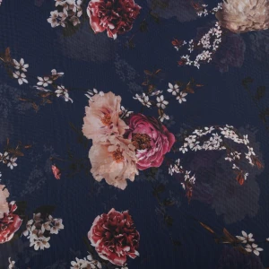 Tkanina szyfon wzór kwiaty kolor granatowy TextileClub 