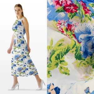 Konsultacje z krawcową - Tkanina wiskoza wzór niebieskie kwiaty tło ecru TextileClub 