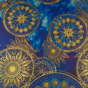 Tkanina szyfon wzór orientalny złoty odcienie niebieskiego TextileClub 