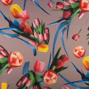 Dzianina jersey ity wzór tulipany kolor różowo beżowy TextileClub 