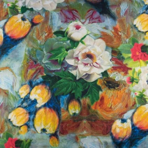 Dzianina jersey ity wzór malowane kwiaty kolor niebiesko zielony TextileClub 