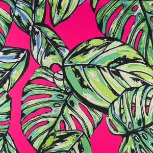 Tkanina krepa wzór liście monstera kolor różowy TextileClub 