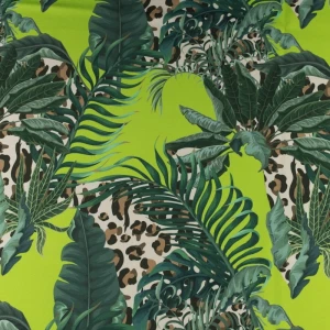 Tkanina krepa wzór egzotyczne liście kolor zielony TextileClub 