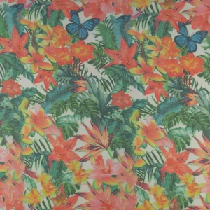 Tkanina szyfon wzór kwiaty kolor pomarańczowo zielony TextileClub 