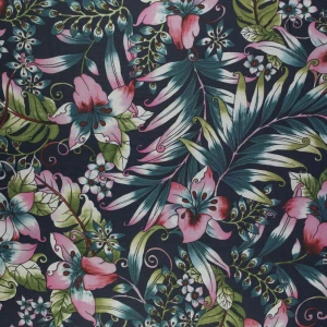 Tkanina szyfon wzór kwiaty kolor granatowy TextileClub 