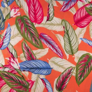 Tkanina wiskoza wzór liście kolor pomarańczowy TextileClub 