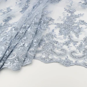 Koronka materiał w kwiaty kolor szaro błękitny TextileClub 