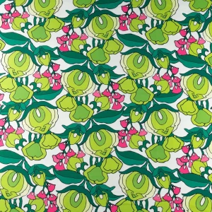 Tkanina wiskoza twill wzór zielone kwiaty na białym tle TextileClub 