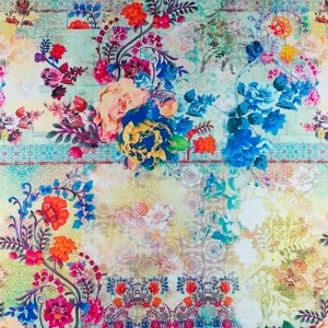 Tkanina wiskoza twill wzór orientalny kwiaty kolor pastelowy TextileClub 