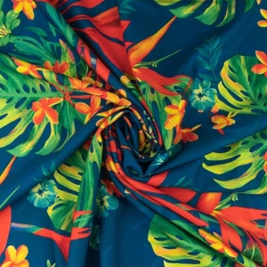 Tkanina wiskoza twill wzór egzotyczne kwiaty kolor zielony TextileClub 