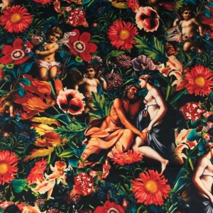 Tkanina wiskoza twill wzór kupidyn i kwiaty kolor czarny TextileClub 