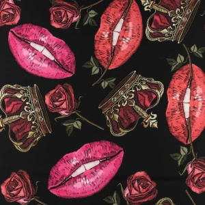 Tkanina wiskoza twill wzór usta kolor czarny TextileClub 