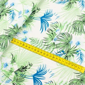 Konsultacje z krawcową - Tkanina silki wzór liście kolor niebieski i zielony TextileClub 