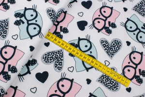 Dzianina dresówka pętelka wzór czarne koty kolor biały - TextilHouse