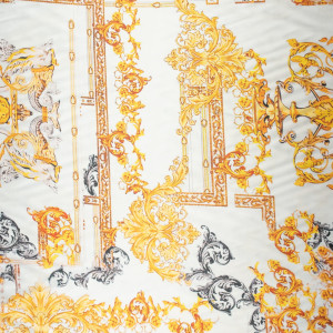 Tkanina Satyna lycra wzór włoski złote ornamenty kolor biały