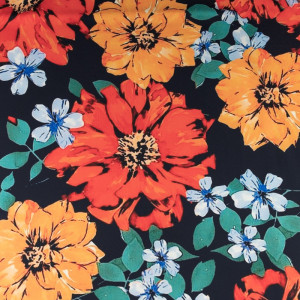 Tkanina wiskoza twill wzór kwiaty kolor pomarańczowy| wiskoza na sukienki - materiał wiskoza - TextilHouse