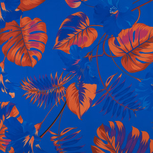 Tkanina wiskoza twill wzór monstera kolor ciemny niebieski| wiskoza na sukienki - materiał wiskoza - TextilHouse