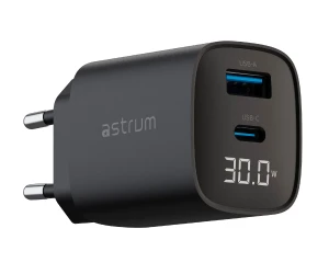 Astrum Watz30L Negro / Adaptador De Corriente Con Pantalla Led Integrada / 20W / Usb-A + Usb-C / Pd Gan