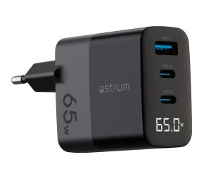 Astrum Watz 65G Negro / Adaptador De Corriente Con Pantalla Led Integrada / 65W / 1 Puerto Usb-A Y 2 Puertos Usb-C