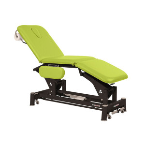 Camilla eléctrica Ecopostural: tres cuerpos, con brazos abatibles, estructura de biela negra y cabezal T13, reclinable en negativo hasta 10º (62 x 198