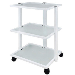 Carrito multifuncional metálico blanco para fisioterapia, podología y estética: Equipado con tres estantes de cristal translúcido