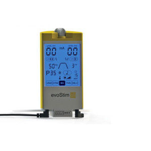 Unidad terapéutica EvoStim UG: dos canales de electroestimulación perineal. Compuesto por pilas, manual de instrucciones, cables de conexión y sonda