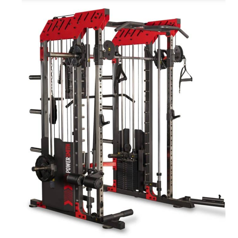 Multiestación de musculación RACK Power Smith BH Fitness. Incluye doble polea regulable con carga de discos y barra guiada para ejercicios de maquina