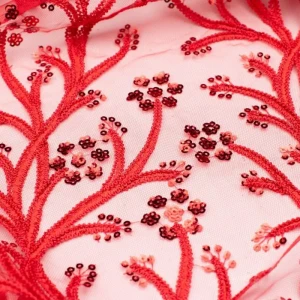 koronka stabilna wzór kwiaty,cekiny - czerwona