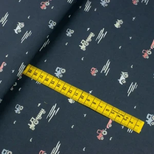 Bawełna organiczna wzór traktor kolor granatowy