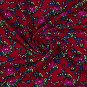 Tkanina kelly krepa wzór ludowy bukowiański kolor czerwony