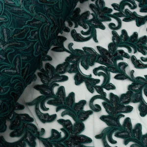 Koronka stabilna kwiaty kolor butelkowy zielony cekiny