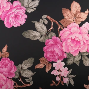 Szyfon jedwabny wzór kwiaty kolor różowo czarny