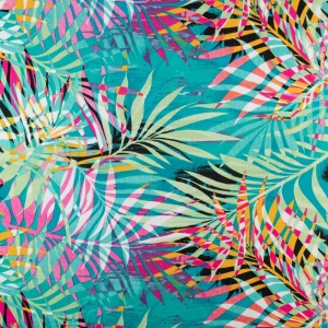 Dzianina wiskozowa wzór liście palmy kolor turkusowy