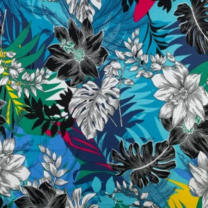 Dzianina wiskozowa wzór egzotyczne kwiaty kolor niebieski
