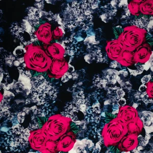 Tkanina Barbie wzór kwiaty kolor granatowy