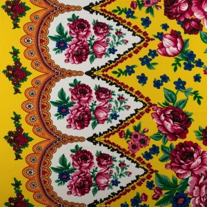 Tkanina kelly krepa wzór ludowy kwiaty kolor żółty