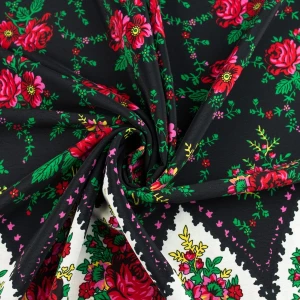 Tkanina kelly krepa wzór ludowy kwiaty czarny