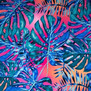 Dzianina jersey ity wzór liście monstera niebiesko różowy