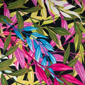 Dzianina jersey ity wzór kolorowe liście na czarnym tle