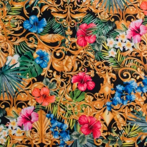 Dzianina dresówka pętelka w kwiaty kolorowe kwiaty i złoty