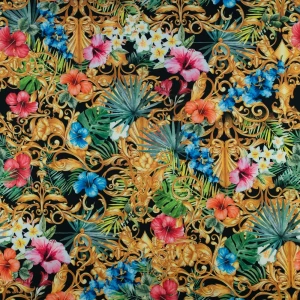 Tkanina Silki kwiaty czarno złoty