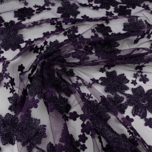 Koronka materiał w kwiaty kolor ciemny fioletowy