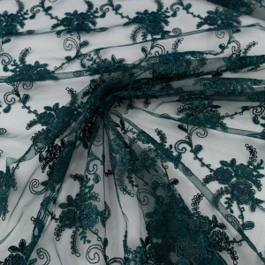 Koronka materiał w kwiaty kolor butelkowy zielony