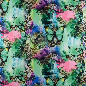 Tkanina wiskoza twill wzór panterka i motyle odcienie zielonego