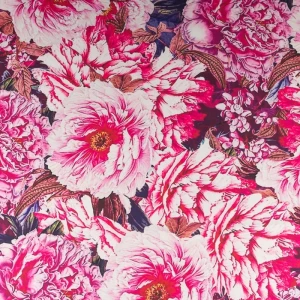 Tkanina wiskoza twill wzór piwonia kolor różowy
