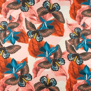 Dzianina jersey ITY Kimo w kwiaty i motyle odcienie różu