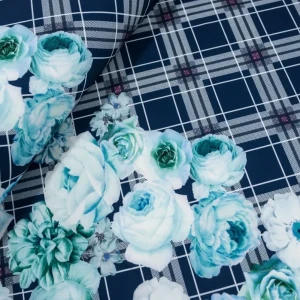 Tkanina Barbie Marschiano wzór kwiaty i krata na granatowym tle