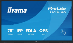 IIYAMA Monitor interaktywny 75 cali TE7513A-B2AG INFRARED,40pkt,IPS,4K,7H,500cd/m2, WiFi,USB, ANDROID 14, Google EDLA,2x20W, UCHWYT ŚCIENNY