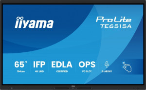 IIYAMA Monitor interaktywny 65 cali TE6515A-B2AG VA,4K,40pkt,550cd,DeepContrast-IR+, HDMI x2,DP,USB-C, 2 x 20W, OPS Slot x1, 5xUSB, 2xRJ45,8-Array